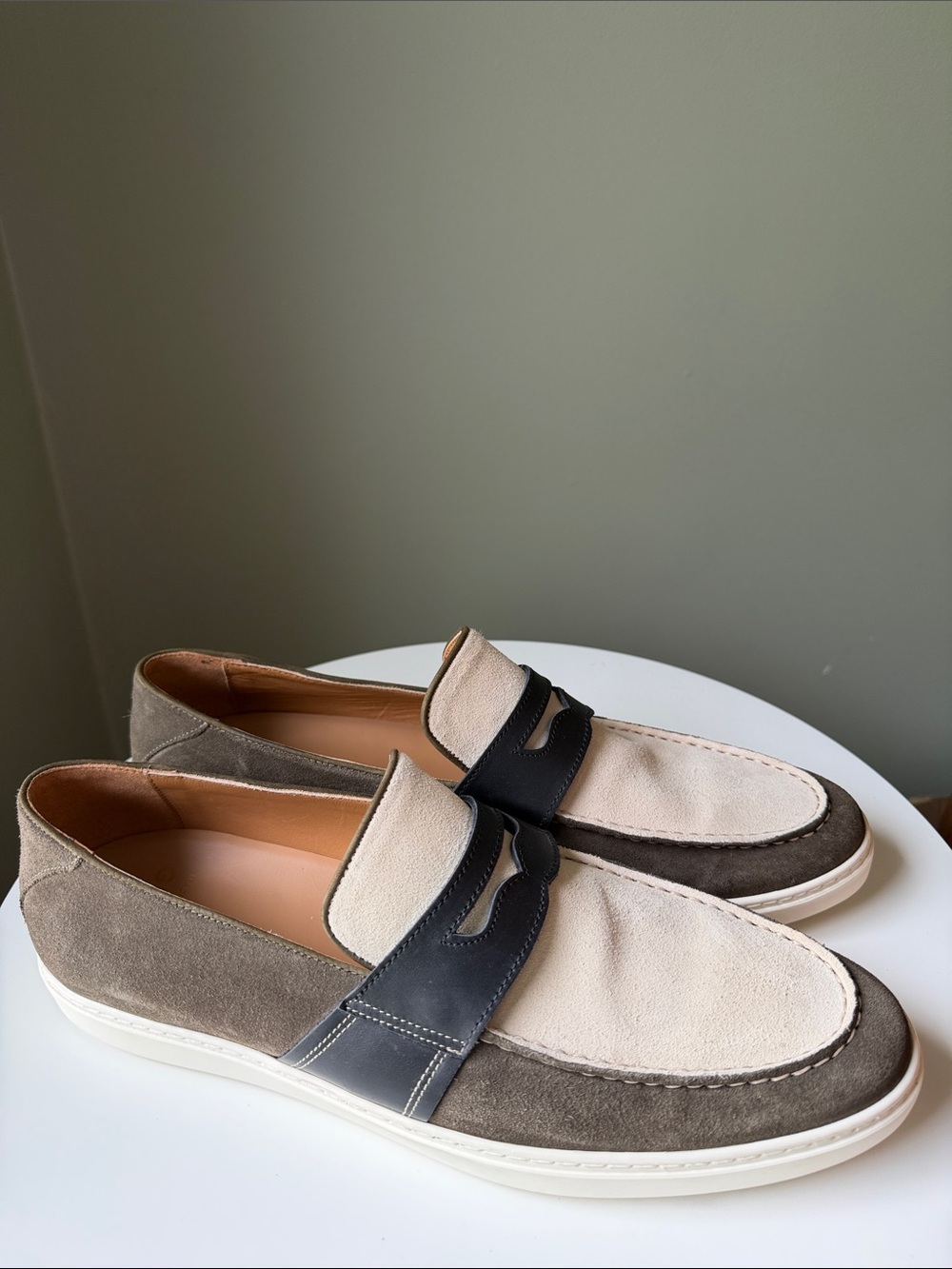 GREATS The Paros Suede Penny Loafers Olive Cream Navy Blue Men’s Size US 13 EUC